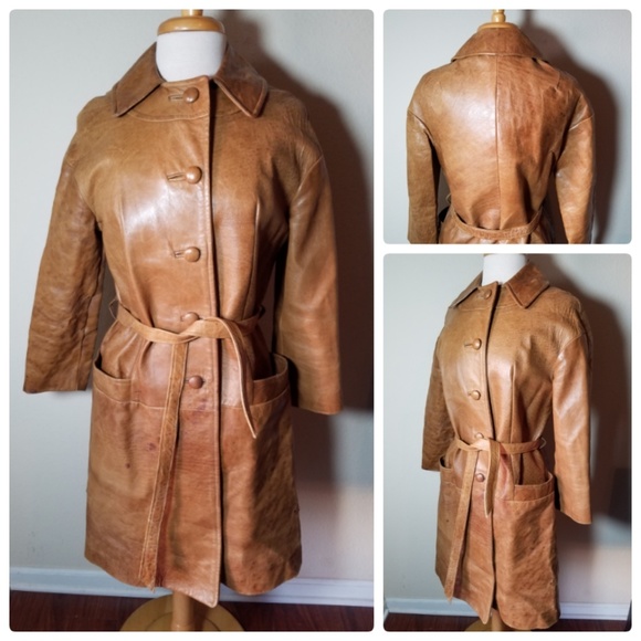 Vintage Brown Leather Trench Coat Jacket Belted
